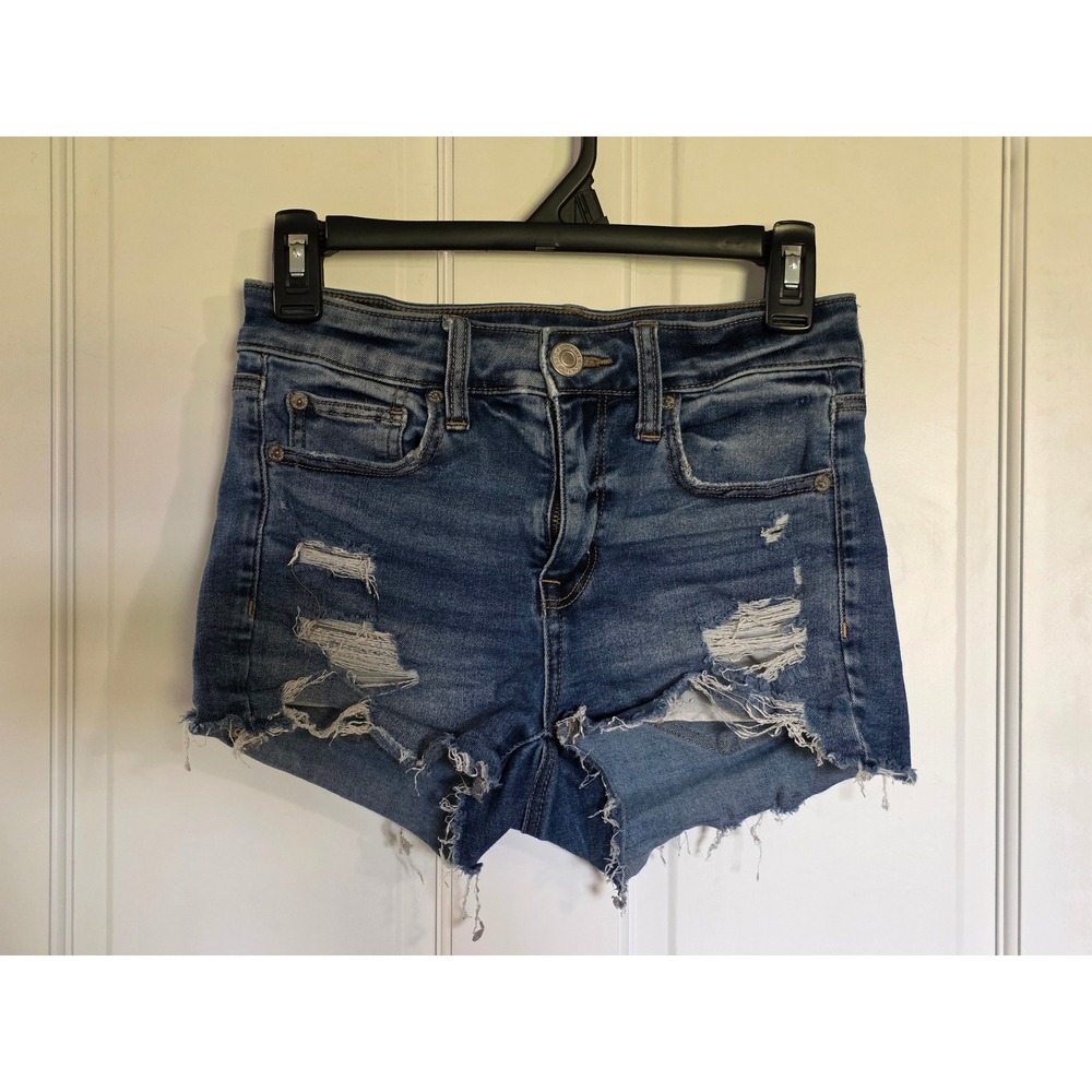American Eagle Hi-Rise Shortie Distressed Denim Shorts Medium Wash Blue Size 4